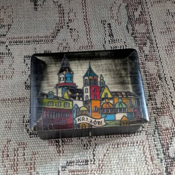 Hand Carved Wood Jewelry Storage Box Krakow Poland - Picture 1 of 4